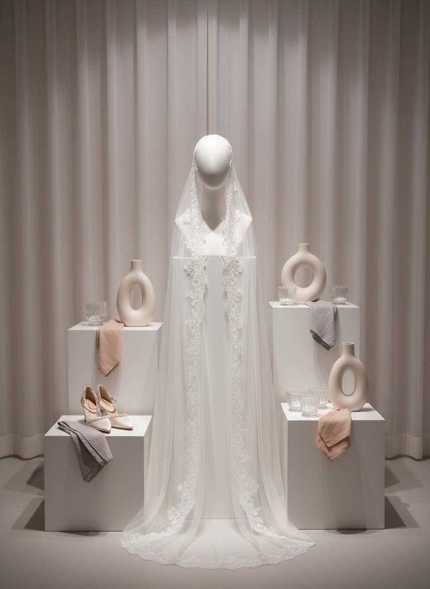 A curated showroom vignette showcasing coordinated event décor elements and bridal fashion accessories arranged on staggered white plinths of varying heights. On one plinth rests a lace-trimmed wedding veil draped over a minimalist matte-white head form, while another features a pair of satin bridal shoes with subtle pearl embellishments. Surrounding plinths display crystal votives, sculptural ceramic vases, and neatly folded linen napkins in muted nude and dove-gray tones. A soft, neutral wall and sheer curtain backdrop keep the focus on textures and materials. Gentle studio lighting from above and slightly to the side creates refined shadows and luminous highlights. Photographed in photographic realism with a clean, centered composition and moderate depth of field, the mood is modern, curated, and sophisticated, perfectly aligned with a high-end event decoration and bridal rental agency.