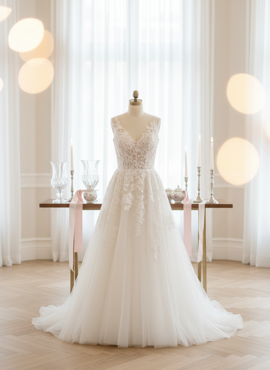 A luxurious ivory wedding gown displayed on a vintage-style brass dress form in the center of an elegant, softly lit showroom. The dress features intricate lace appliqués, a structured satin bodice, and a flowing tulle skirt that pools gracefully on a pale herringbone parquet floor. Behind it, coordinated décor elements—crystal vases, blush silk ribbons, and delicate porcelain candleholders—are arranged on a narrow console table. Soft, diffused daylight filters through sheer white curtains, creating gentle highlights on the fabrics and subtle reflections on the metallic accents. Photographed at eye level with a shallow depth of field, the background melts into a creamy bokeh, emphasizing sophistication and refined, photographic realism suitable for a high-end event decoration agency.