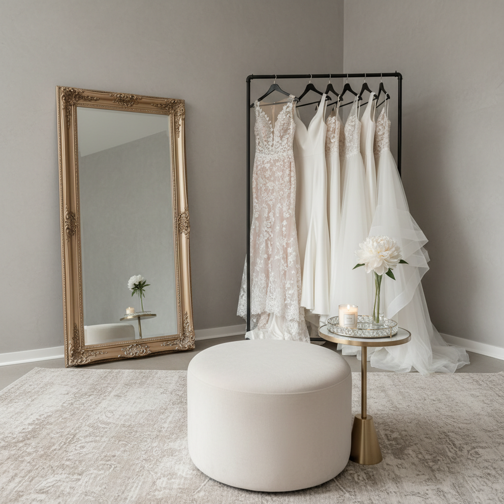 An airy bridal preparation corner featuring an elegant full-length mirror with an ornate, brushed-gold frame leaning against a soft greige wall. Nearby, a minimalist clothing rack holds several wedding dresses in varying silhouettes—mermaid, A-line, and princess—each with distinct textures like delicate Chantilly lace, smooth mikado silk, and whisper-light tulle. A plush, cream-colored velvet ottoman sits on a neutral rug, beside a small side table topped with a crystal tray, scented candle, and a single white peony in a slim glass vase. Gentle overcast daylight washes the space, creating soft, shadowless illumination. Photographed with a wide-angle lens at eye level, the composition feels open, refined, and serene, matching a sophisticated, photographic aesthetic for a wedding dress rental and décor agency.