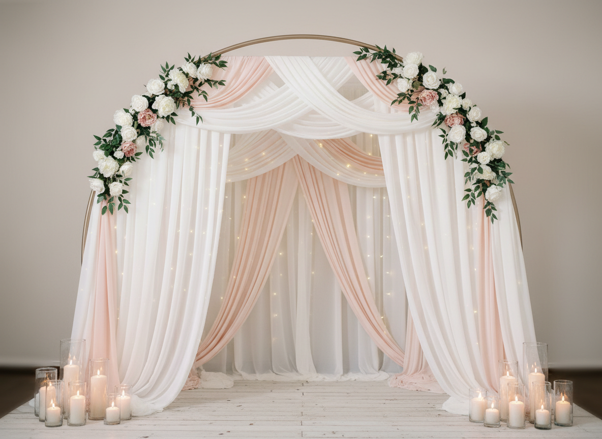 An ethereal ceremony backdrop created from cascading white and blush fabric panels draped from a minimalist metal arch finished in matte champagne. The textiles, including sheer chiffon and soft crepe, fall in layered folds, interwoven with delicate faux florals and subtle string lights woven discreetly along the edges. The arch stands on a pale wooden platform surrounded by neutral-toned pillar candles in glass cylinders. Ambient, diffused light from an unseen source bathes the scene in a gentle glow, with soft highlights outlining the arch and fabrics. Captured from a slightly low angle with the arch centered and the background softly blurred, the photographic realism and refined styling evoke a sense of romantic sophistication, ideal for an upscale event décor agency.
