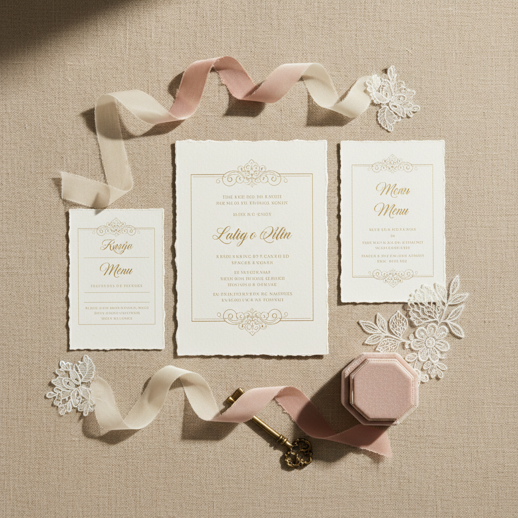 A styled flat-lay composition of refined event stationery and décor elements arranged on a textured linen backdrop in a warm beige tone. Centered is an elegant wedding invitation suite printed on thick, deckle-edged cream paper with subtle gold foil details, accompanied by matching RSVP and menu cards. Around them are artfully placed satin ribbons, a vintage brass key, a small silk ring box, and a single lace applique echoing bridal gown details. Soft side lighting from the left creates delicate shadows that accentuate the paper texture and metallic gleam. Shot from a perfectly overhead, bird’s-eye perspective with sharp focus across the frame, the mood is sophisticated, calm, and bespoke, ideal for illustrating the curated, artisanal touch of an event decoration agency.