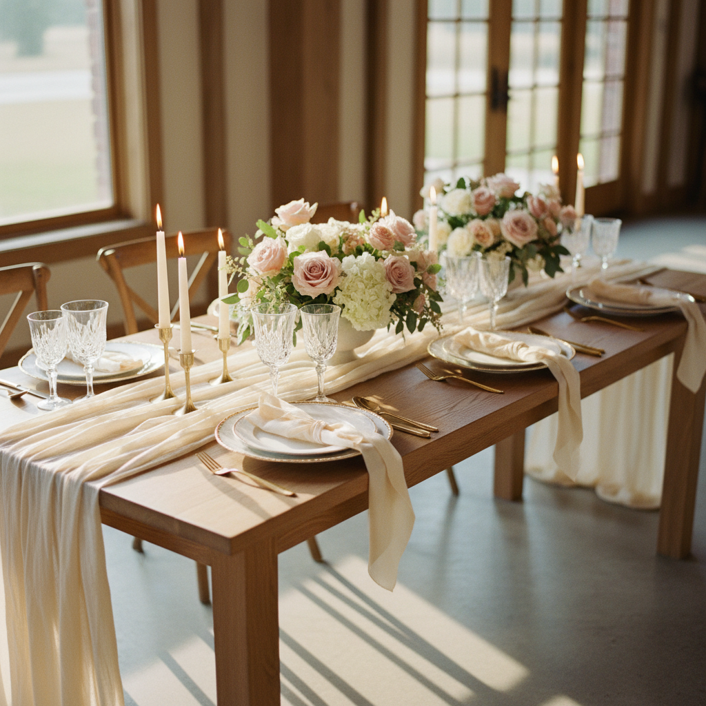 A meticulously styled wedding reception table featuring a long, champagne-colored linen runner cascading over the edges of a natural oak table. Crystal glassware, fine bone china plates with gold rims, and neatly folded ivory napkins tied with silk ribbons create a harmonious, luxurious setting. At the center, a low floral arrangement of pale roses, hydrangeas, and eucalyptus rests in a matte ceramic vase, surrounded by slender taper candles in brushed gold holders. Warm, golden hour sunlight streams in from a nearby window, casting elongated, romantic shadows. Captured from a slightly elevated angle with balanced composition and crisp photographic realism, the scene conveys a sophisticated, intimate atmosphere perfect for a boutique event décor agency.
